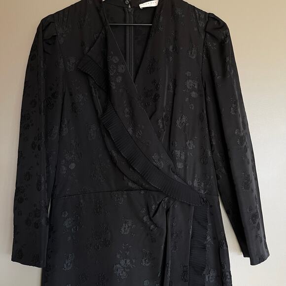 Sandro Wells Dress Black Jacquard Size 8 Long Sleeve Wrap Pleated Chic French - Picture 7 of 16